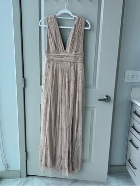 Soieblu Blush-Beige Embellished V-Neck Maxi Dress